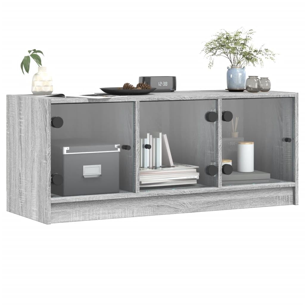 TV-Schrank mit Glastüren Grau Sonoma, 102x37x42 cm, Holzwerkstoff Modernes Design, Geräumiges Media-Center für Wohnzimmer und Schlafzimmer, Hohe Belastbarkeit