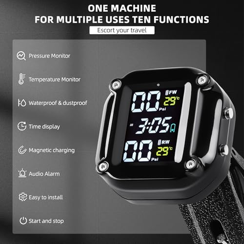 KAOLALI Motorrad TPMS Wireless Reifendrucküberwachungssystem Kabelloser Motorrad Magnetische & USB-Aufladung mit LCD-Display 2 Externen Wasserdicht Sensore Auto-Alarmsystem