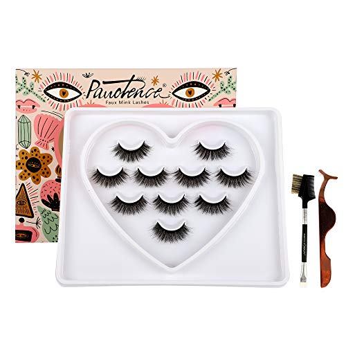 Pawotence 3D Fluffy Faux Mink Lashes Pack Natural False Eyelashes Kit, 5 Pairs Soft Comfortable Full Naturally Curved Reusable Handmade Makeup Eyelashes Pack with Brush Tweezer