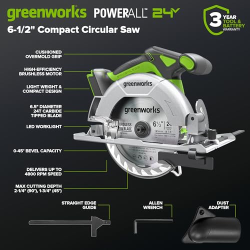 Image of Greenworks 24V Cordless Power Tool 3pcs Combo Kit, Jig Saw with 4Ah USB Battery & Charger, Circular Saw (6-1 /2 inch) & Reciprocating Saw, Brushless Motors, 3000 SPM & 4800 RPM