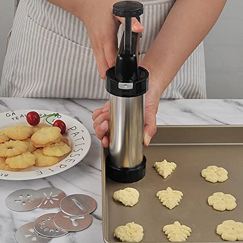 Suuker Cookie Press Gun Set,Stainless Steel Icing Decoration Press Gun Kit with 8 Discs and 8 Icing Tips for Home DIY,Biscuit Maker and Decoration,Black