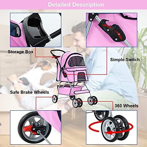 Tffnew, Dog Stroller Pet Strollers 4 Wheels Dog Jogging Stroller Folding Doggy Stroller With Cup Holder Storage Basket For Small Medium Dogs & Cats Traveling Strolling Cart (Pink) #TOP3