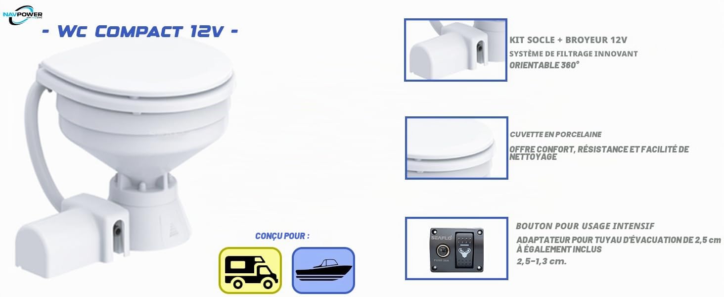Toilettes WC Compact - électrique 12 V en porcelaine - Bateau Nautico Camper Cabina