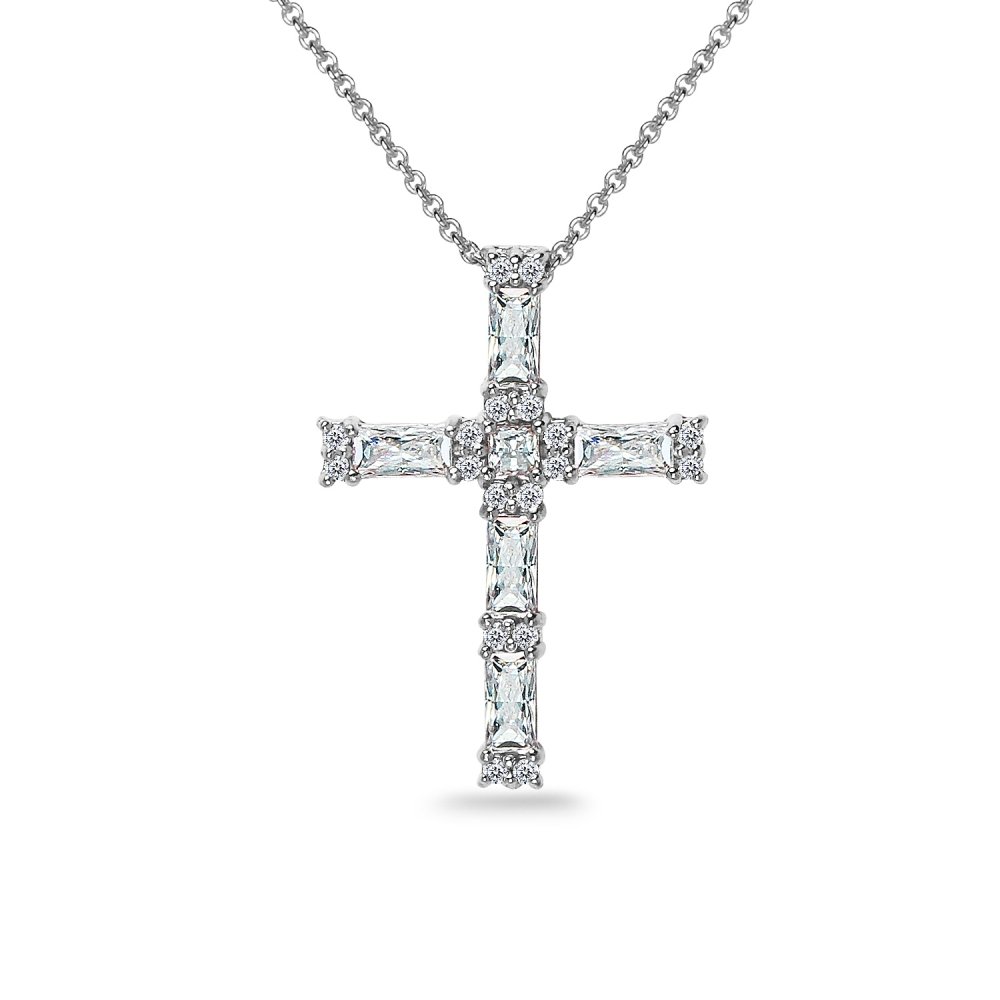 Sterling Silver Baguette-cut AAA Cubic Zirconia Cross Necklace Made for Women