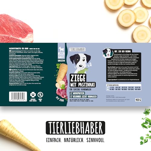 TIERLIEBHABER – Hundefutter Nass 400g 12x Ziege mit Pastinake – Von Tierärzten entwickelt – Nassfutter Hund mit 91% Fleischanteil – Dog Food als Hundenassfutter 400g Dosen