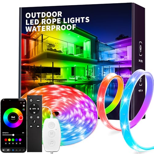 KSIPZE Outdoor led Strip Lights Waterproof IP68, RGB Outdoor led Lights with Button & Bluetooth App Control, Music Sync, Timer, Exterior Led Rope Lights for Decor Balcony, Roof, Garden, Pool