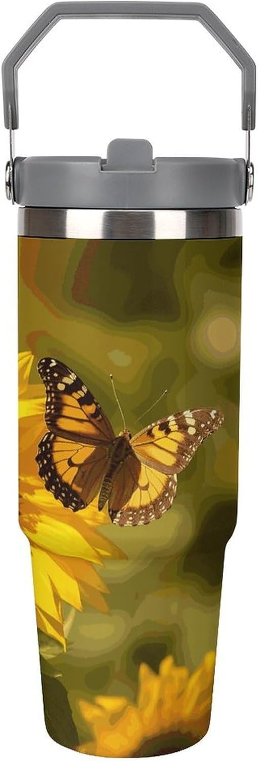 Sunflower Butterfly Sunny Water Bottle 30 Oz Fits Car Cup Holder,Insulated Coffee Mug Large Capacity Car Cups,Stainless Steel Double Wall Sport Bottle for Travel Sports Gym