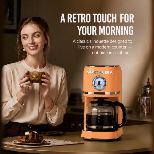 Image of Nostalgia Classic Retro 10 Cup Coffee Maker - One-Touch Drip Brew, Reusable Filter - Anti-Drip, Auto Shutoff, & Time Display - Dishwasher Safe 50 oz Carafe - Orange