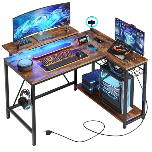 Bestier Gaming Desk with Power Outlets, 42" L-Shaped Gaming Desk with LED Lights, Desk with Reversible Storage Shelves & Hooks for Small Spaces, Bedrooms & Offices,Rustic Brown 42 Inch Rusti