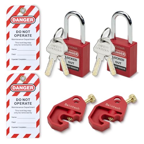 Bwintech 2 Piece 38MM Different Red Safety Padlock Set including Key with Circuit Breaker Safety Lock Padlock Loto Tag Safety Padlock Meets the Requirements of Industrial Electrical Latch Tagging Kits