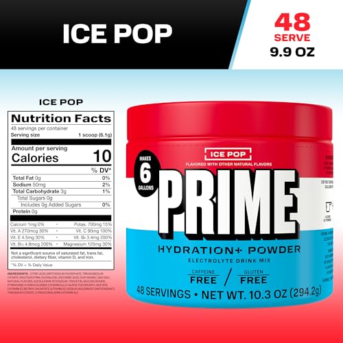 Image of PRIME HYDRATION+ Electrolyte Powder, Ice Pop, Sugar Free Hydration Drink Mix with Potassium, Magnesium & B Vitamins to Replenish Fluids, Caffeine Free, 6 Gallon Tub, 48 SRV
