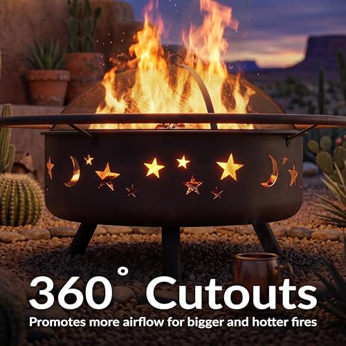 Image of Sunnydaze Cosmic 42-Inch Large Outdoor Fire Pit - Wood-Burning Firepit for Outside Patio, Backyard, Deck - Steel - Wood Grate, Spark Screen, and Fireplace Poker Included - Bronze - 31 inch Bowl Diameter