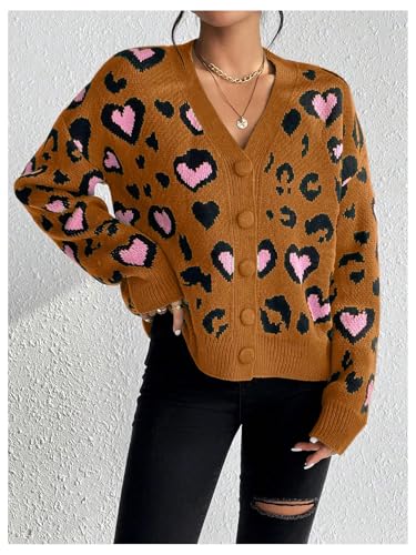 Image of MakeMeChic Women's Leopard Cardigan Sweaters V Neck Button Down Long Sleeve Y2K Cardigan