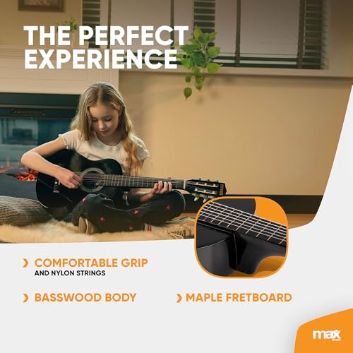 Image of MAX SoloArt Junior 30-inch Small Size Classical Acoustic Guitar Starter Kit for Kids (Aged 3-8 Years) Includes Gig Bag,Tuner, Strap, Extra Nylon Strings & Picks Designed & Engineered in Netherlands