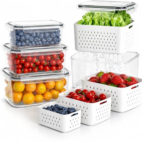 4PCS Fruit Storage Containers for Fridge with Removable Colander Fridge Organizer Bins with Airtight Vent Leakproof For Microwave Dishwasher Safe Keep Fruits Veggie Food berries Fresh (Maximum 4580ML)