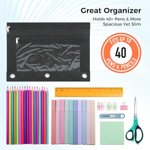 Image of Pencil Pouch for 3 Ring Binder, Pencil Case Bag with Zipper, 600D Fabric Pencil Pouch Holder Accessories, Clear Window Pencil Case Aesthetic Back to School Organizer Pockets for Boy Girl (Black)