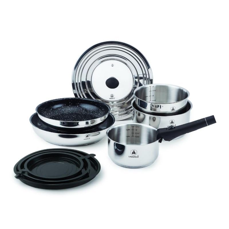 LAGUIOLE, Set da cucina 10 pezzi in acciaio inox con rivestimento ceramico antiaderente, compatibile con induzione, manico removibile, 3 pentole e 2 padelle, Argento