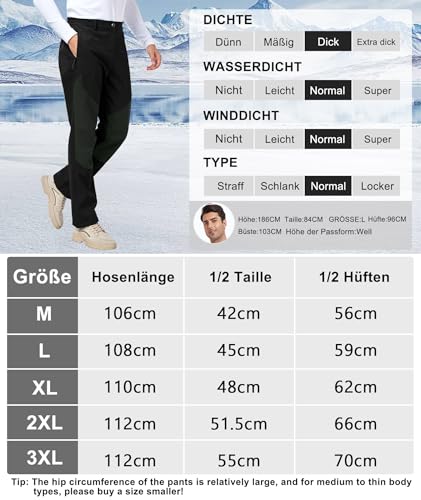 Djtnzdm Outdoorhose Herren Winter Ski Softshellhose Wasserdicht Snowboarhose Gefüttert Fahrradhose Warm Winddichte Thermohose Männer mit Tasche 3XL Schwarz