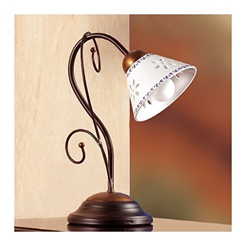 Lampada da tavolo in ferro battuto a 1 luce con piatto in ceramica traforato decorato country – Ø 14 cm - Marrone