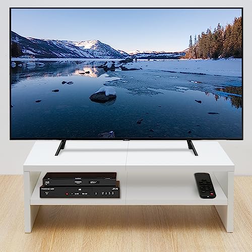 Image of TEAMIX 20 inch White Monitor Riser Stand - 2 Tiers, Wood Desktop Bookshelf | Laptop /PC /Printer /Keyboard Storage, Ergonomic Design, 15mm thick Sturdy Wood Boards, TV Stand, Home Office Desk Accessories