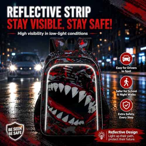 Image of 3Pcs Boys Backpack, 17 inch Shark Bookbag for Elementary Preschool Kindergarten, Kids School Backpacks with Lunch Box (Red)
