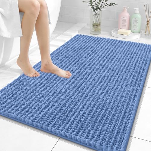 Image of OLANLY Bathroom Rug Mat 40x32, Thick Soft and Absorbent Chenille Bath Mat, Non-Slip Rubber Backing, Machine Washable Quick Dry Bath Rugs for Tub Shower Floor, Home Decor Accessories, Cornflower Blue