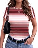 Zeagoo Short Sleeve Shirts for Women Red Striped Rib Fit Tops Basic Tees