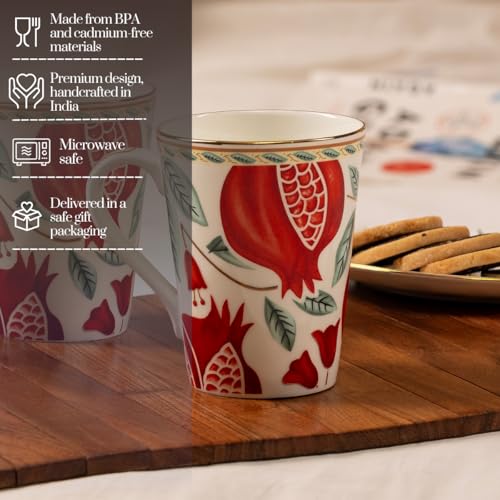 Image of GOLDEN QUEEN'S Mugs Set of 2 for Coffee, Tea, Milk - Ideal for Your Daily Beverage Ritual, Hosting & Casual Gatherings - Pomegranate Foliage (24K Gold on Rim)