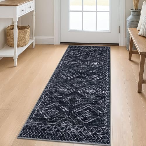 KILOCOCO Boho Kitchen Runner Rug 2x5 Washable Runner Rug, Soft Runners for Hallways Non Slip Printed Distressed Laundry Room Rug, Low-Pile Rug for Entryway/Bedroom/Living Room, Black