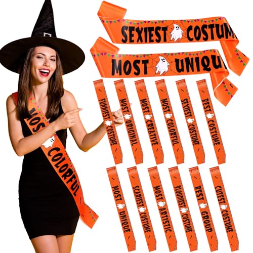 Blosssound 12 Pcs Halloween Costume Contest Sashes Orange Ghost Bat Spider Web Costume Award Ribbon Sash for Halloween Party Supplies Prizes, 12 Style