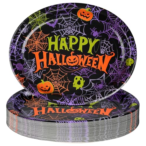 10×12インチの大型ハッピーハロウィンオーバルペーパープレート50枚。スパイダーウェブプレート使い捨て食器。ゴーストパンプキンとバットのデザイン。キャンディスナック、デザートトリックオアトリートパーティーデコレーションに。