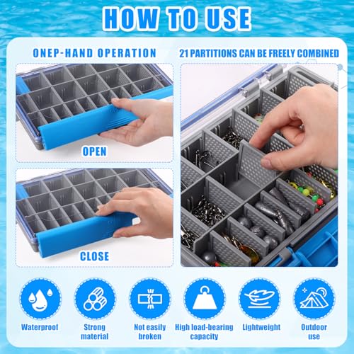 Junkin 6 Pack Cajas de Pesca 3600 Resistentes al Agua, Organizadores Azules con Divisores Removibles, Caja Estanca para Señuelos para Mochilas de Pesca y Equipos de Kayak miniatura 4