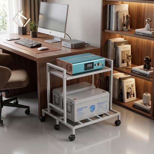 Image of Inverter Trolley for Home 2-Tier Double Battery Stand with Wheels - Heavy Duty White Metal UPS Trolley for Inverter & Battery Storage, Durable & Space-Saving Design (Silver)