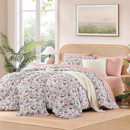 Image of Andency Queen 7 Piece Reversible Comforter Set, Floral Bedding Set,Pink | Botanical Floral Bed in a bag, Double-sided,90 inchx90 inch, All Season Use, Farmhouse Vintage Rustic Down Alternative for Bedroom