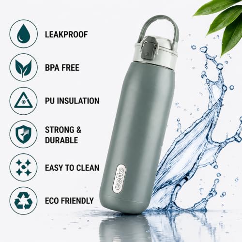 Image of CELLO Puro Steel-X Flint 900 Insulated Water Bottle 650 ml, Dark Grey | Easy Press Open Flip Top, Easy to Carry with Handle Leak Proof Inner Steel Water Bottle for School Kids, Office Gym Travel