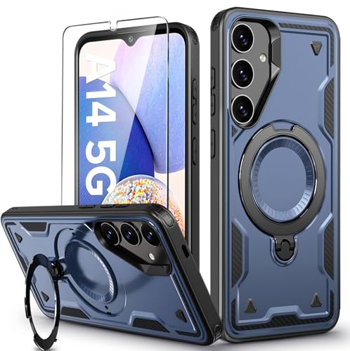 Image of for Samsung Galaxy A14 Case Magnetic with Stand, with Mag-Safe, with Screen Protector, Wireless Charging, Shockproof for Samsung A14 5G Phone Case, Ring Holder Phone Cover, for Samsung A14 Blue