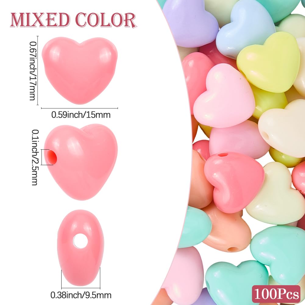 SOFPLATE 1 Scatola da 100 Pezzi di Perline A Forma di Cuore in Acrilico Color Caramella Perline A Forma di Cuore Arcobaleno Sfuse in Plastica Grandi Opache con Foro Colorate Distanziali per