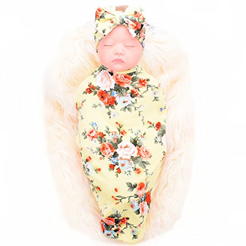 Newborn Receiving Blanket Headband Set Flower Print Baby Swaddle Receiving Blankets Galabloomer