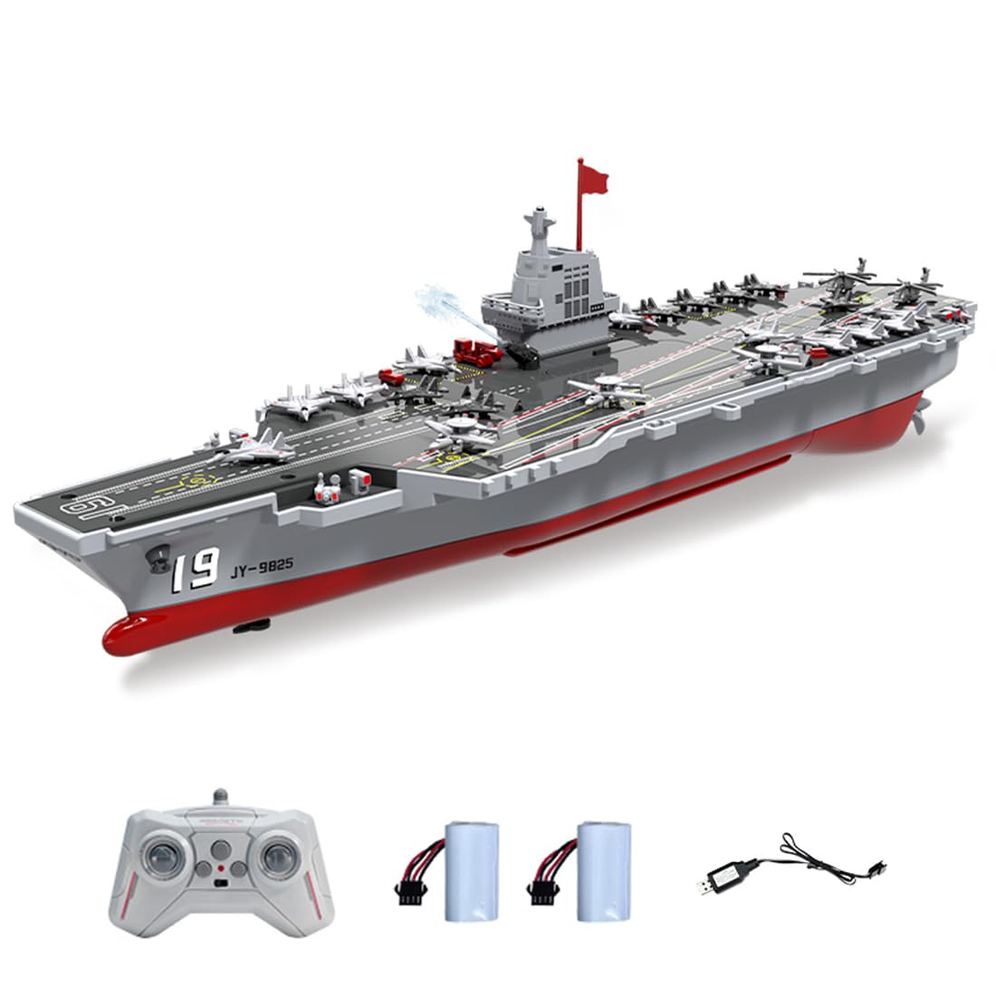 RC Flugzeugträger Kriegsschiff Boot 2.4GHz Wasserkanone Marineschiff Dualmotor Elektrisches Wasserfahrzeug mit DIY Zubehör(3 Batterien)