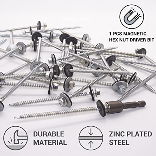 SKIR'CO (60 pcs) Zinc Plated Roofing Screws, 4.8 x 100 mm Self-Drilling Screws With EPDM Sealing Washers, Sheet Metal Hex Screw - Image 3