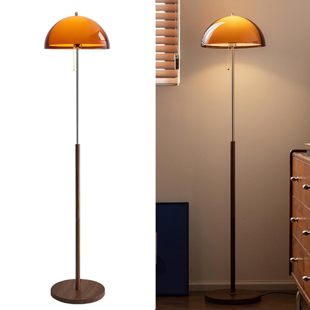 KlkrzJwy Mushroom Floor Lamp 60" Orange Floor Lamp Mid Century Globe Acrylic Standing Lamp with E27 3-Color Temperature MCM Wooden Tall Light for Living Room Bedroom Study Office (Includes Bulb)