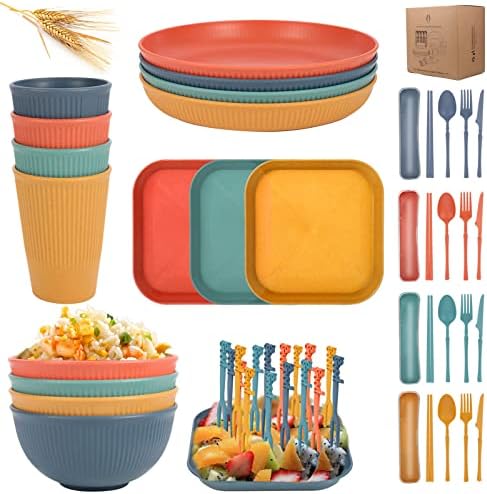YEENAASY Wheat Straw Dinnerware Sets for 4 (52pcs) Unbreakable Microwave Dishwasher Safe Tableware Dish Set Lightweight Kids Plates and Cereal Bowls Cups Sets Reusable Camping RV Picnic Dishes Set