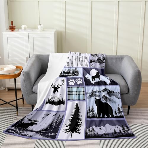 Elk Fuzzy Blanket Bear Footprint Deer Print for Baby, Wildlife Animal Black Purple Trees Hills Soft Plush for Kids Teens Sofa Bed All Seasons, 30x40 Inch Flannel Blanket
