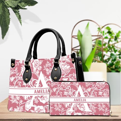 Personalized Name Leather Handbag Floral, Custom Shoulder Bag for Women with Matching Purse Gift for Mom Sister Friends2