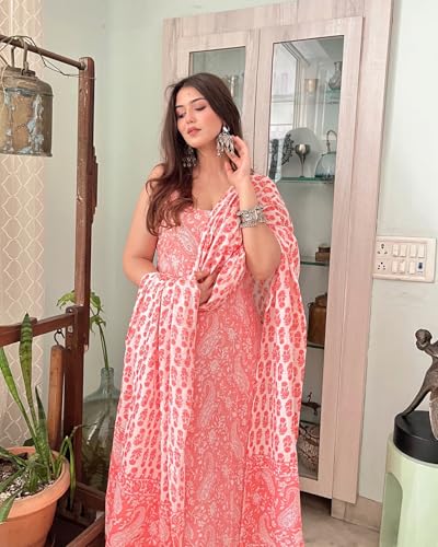 Image of Women's Cotton Anarkali Kurta Set with Dupatta | Sleeveless Printed Kurti & Palazzo Suit | Ethnic Wear for Girls & Women