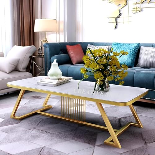 Image of Marble-Look Rectangular Coffee Table with Engineered Wood Top & Heavy-Duty Metal Frame Premium Center Table for Living Room & Office Easy DIY Assembly (90 x 45 x 45 cm) (White Gold)