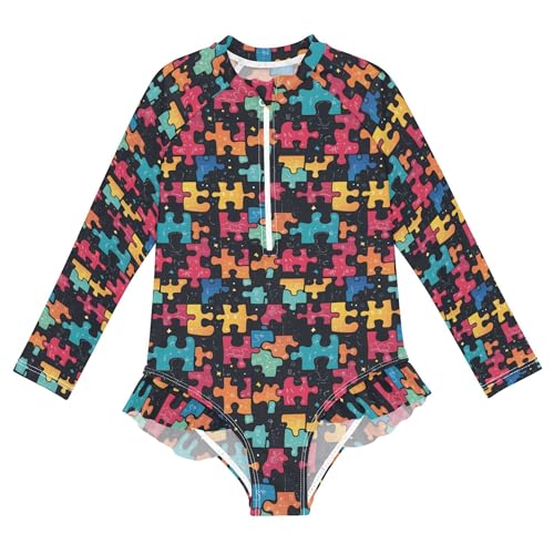 Jigsaw Puzzle Girls Long Sleeve Rashguard Swimsuit UV Protection One-Piece Swimwear Bathing Suit B0403554 - Main Image