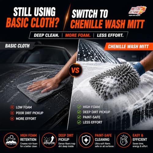 Image of Premium Car Wash Mitt | Extra Plush, Dual-Sided Microfiber Chenille Wash Glove | Ultra Soft & High Absorbency | Scratch-Free Cleaning Mitt for Cars & Bikes | Pack of 1