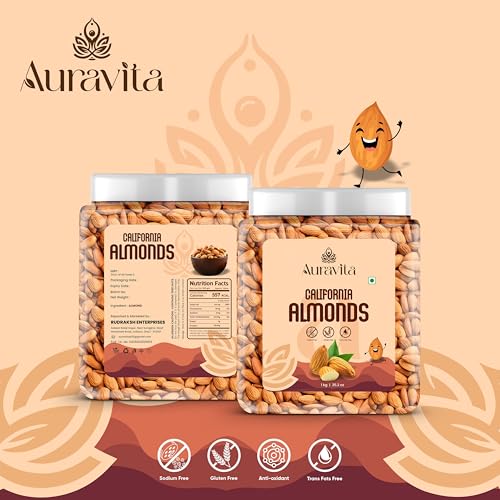 Image of Auravita California Almonds 1kg | Crunchy & Healthy Dry Fruit, Premium Badam Giti for Daily Nutrition | Healthy Diet Snacking Resealable Jar Pack