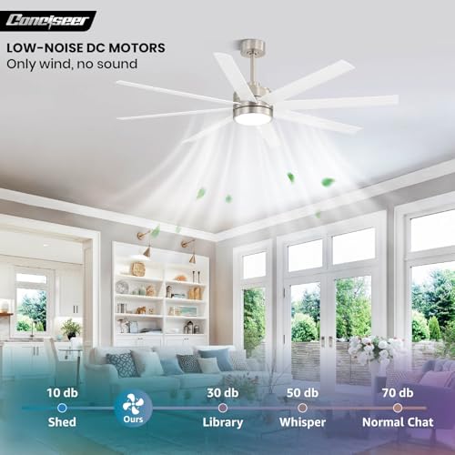 Image of Conciseer 72 Inch Ceiling Fans with Lights and Remote for Bedroom Living Room Kitchen Library Cafe Outdoor /Industrial Use, 3CCT Dimmable, 8 Blades 6 Speed Reversible Quiet DC Motor, Sand-nickel /White